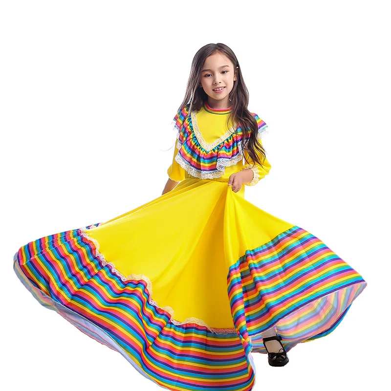 Vestido largo Tradicional Mexicano para niña, ropa de baile para el Día de los niños, ropa de actuación para escenario, mono de Cosplay