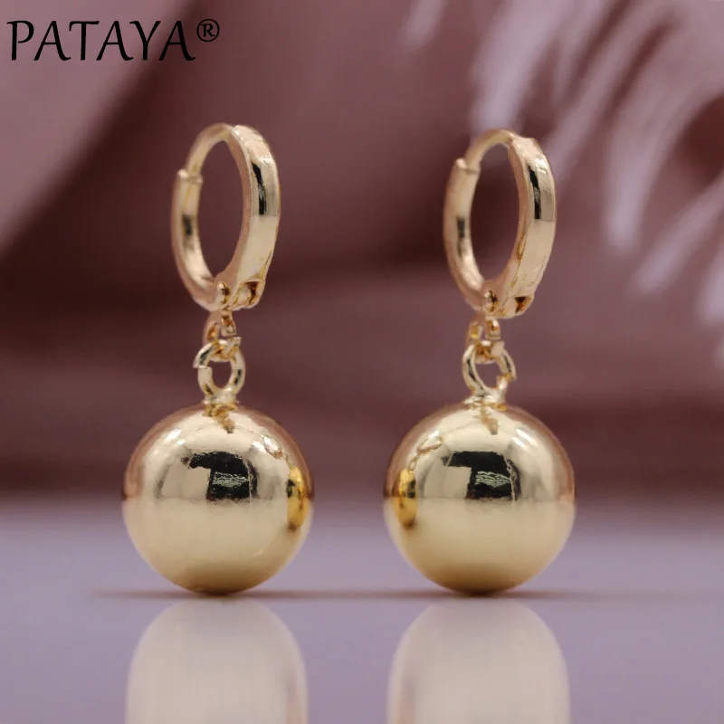 PATAYA New Round Ball Metal Earrings Necklace Set 585 Rose Gold Color Long Earrings Simple Pendant Women Fashion Jewelry Sets