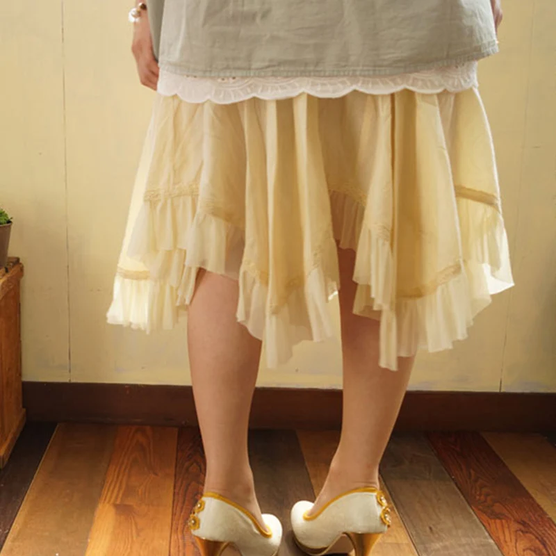 Harajuku Mori Girl Sweet Pleated Skirt Women Solid Color Irregular Cotton Lace Layer Hem Knee Length Female Lovely Skirts A040
