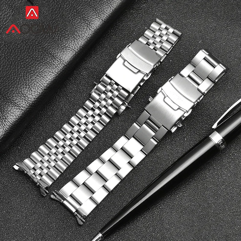 20mm 22mm Solid Stainless Steel Strap Curved End Folding Buckle Men Metal Replacement Band Bracelet Watch Accessories for Seiko