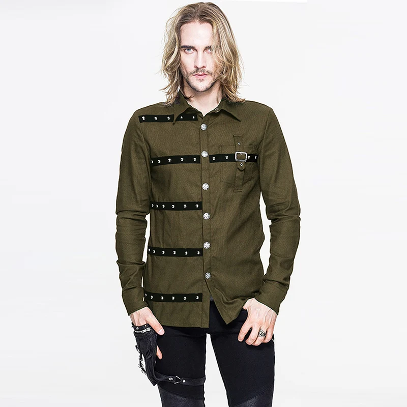 New Black Long Sleeve Turn Down Collar Rivet & Belt Buckle Goth Shirt Steampunk Clothing Men\'s Medieval Vintage Top Streetwear