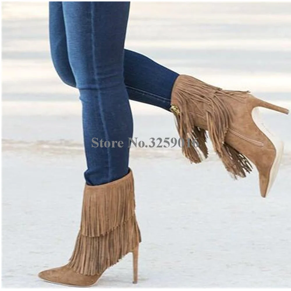 

Pointed Toe Suede Leather Tassels Thin Heel Short Boots Hot Selling Women Fashion Elegant Fringed High Heel Ankle Boots