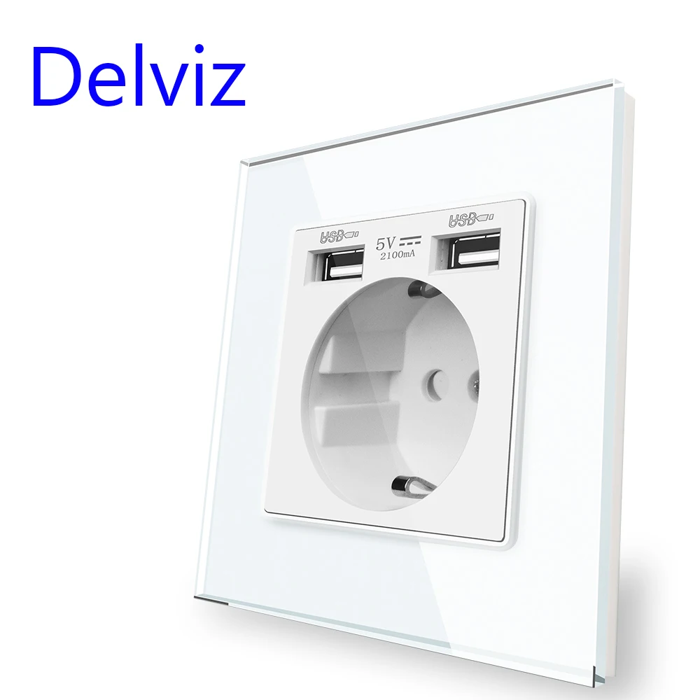 Delviz EU Standard USB Socket, 5V 2A Double USB Charging Interface, Wall Embedded 16A Power Outlet, Tempered Crystal Glass Panel