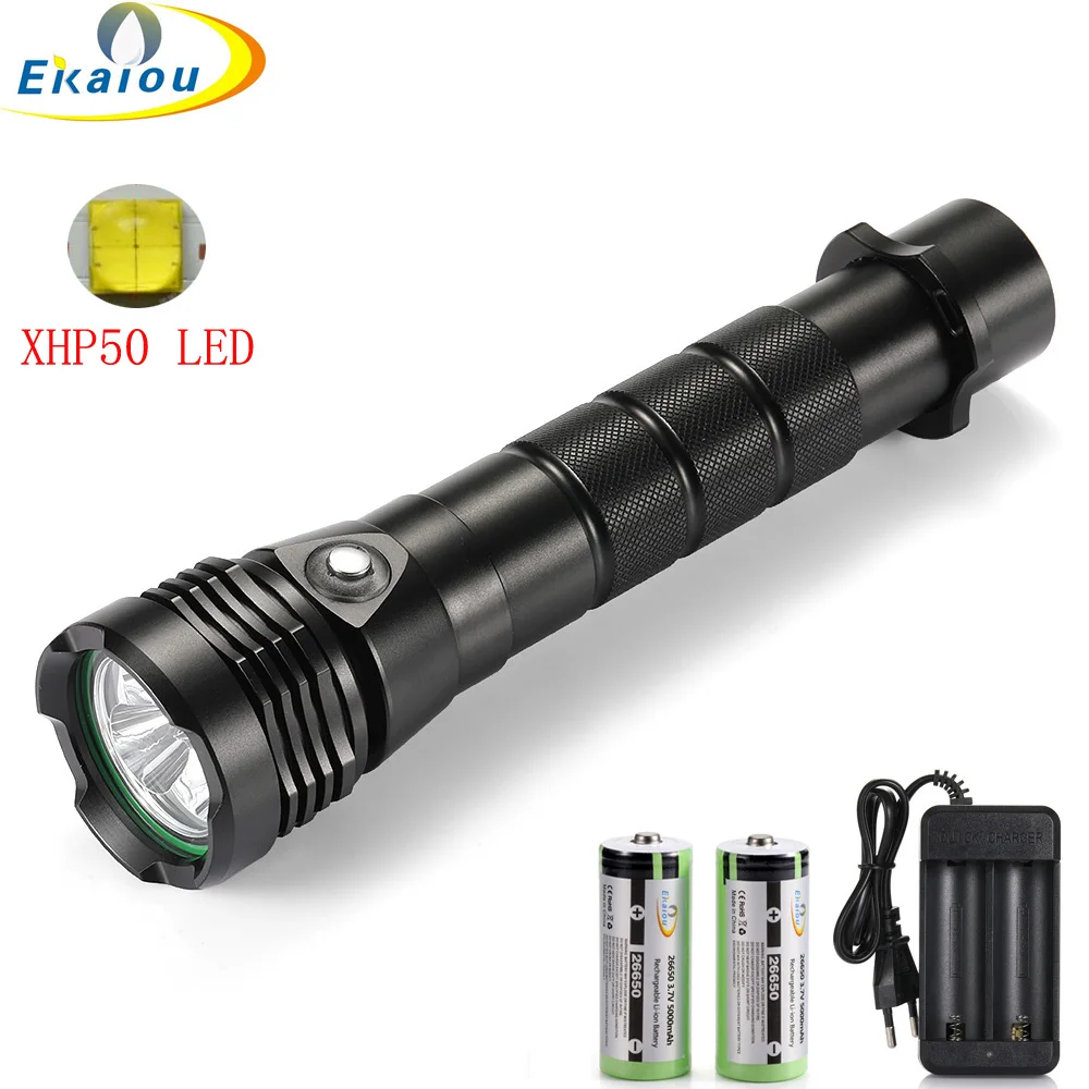 

Quality IPX8 Diving Flashlight XHP50 LED Waterproof Underwater Diver Torch Professional Diving Light 26650 Scuba Camping Lamp