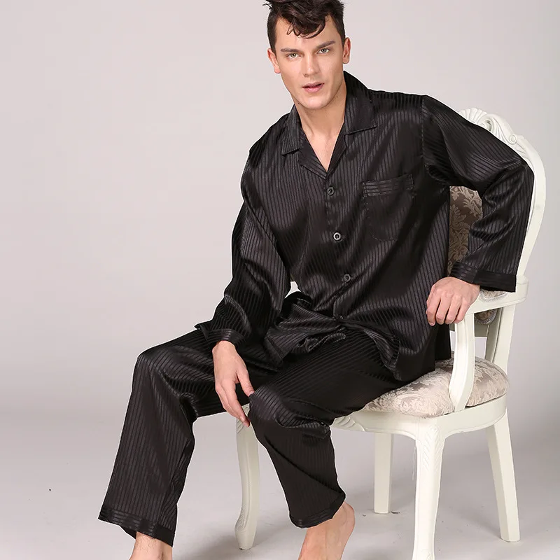 Mannen Zomer Gestreepte Rayon Slaap Pak Pyjama Set Heren Pyjama Lange Mouw Lange Broek Slapen Nachtkleding Pijamas Homwear