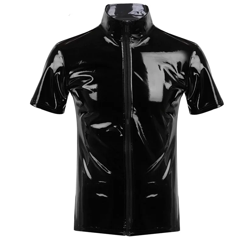 Camicia a maniche corte in pelle lucida in PVC lucido da uomo taglie forti fodero modellante erotico cappotto Casual top in pelle metallizzata