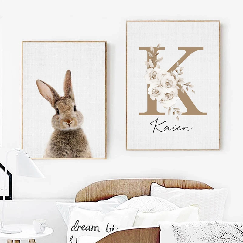 

Personalized Poster Baby Name Custom Canvas Painting Nursery Print Pictures Bunny Rabbit Wooden Wall Art for Girls Bedroom Decor