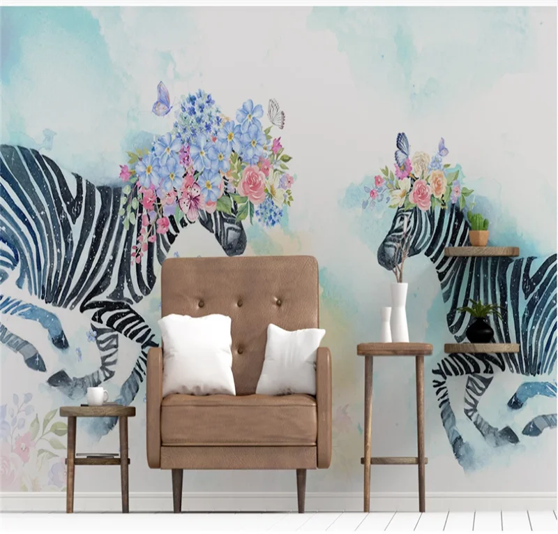 Xuesu Hand-painted flower zebra Nordic decorative painting bedroom background wall custom 8D wallpaper 3D photo wall