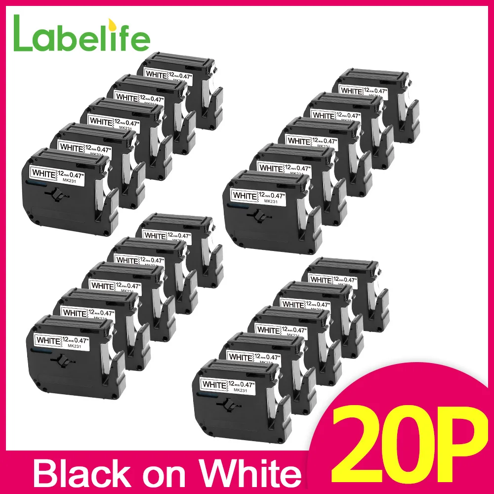 

20Pack MK-231 M-K231 MK231 Label Tape 12mm Black on White Compatible Brother M Tape for Brother Label Maker PT-90 PT80 PT70 PT65