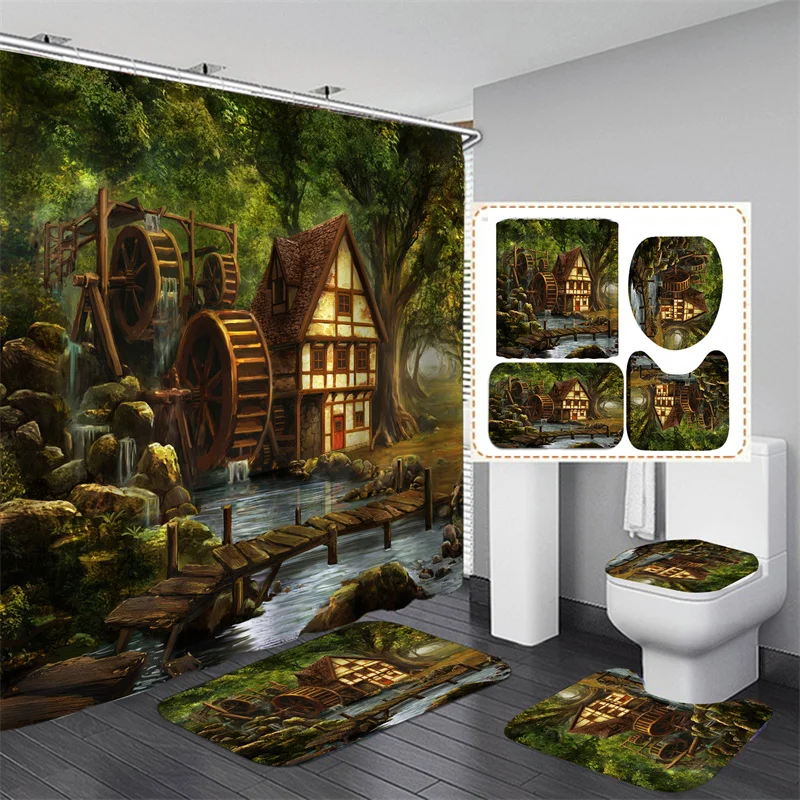 City View Bathroom Shower Curtain Waterproof Set Floor Mat Toilet Cover Bathroom Decoration Set De Cortinas  Para El Baño