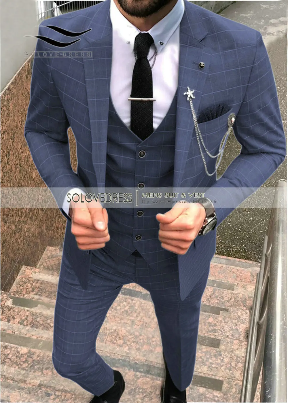 Men\'s Plaid Suits Slim Fit Prom Tuxedos 3 Piece Solid Notch Lapel Tuxedos For Wedding Grooms(Blazer+vest+Pants) Blue/Champagne