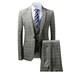 Grey/Brown Men's Suits 3 piece Plaid England Style Notched Lapel Business for Wedding Suits Men (Blazer+Vest+Pant)