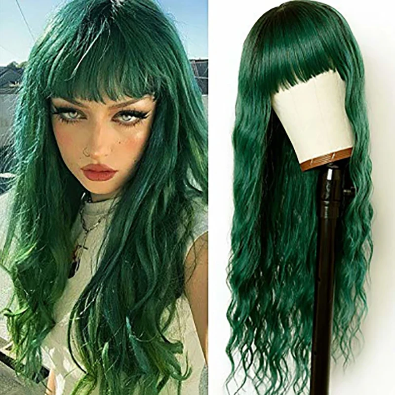 HAIRJOY Long Wavy  Synthetic Hair Pink Green Brown Wigs for Women with Bangs Heat Resistant 26 inches