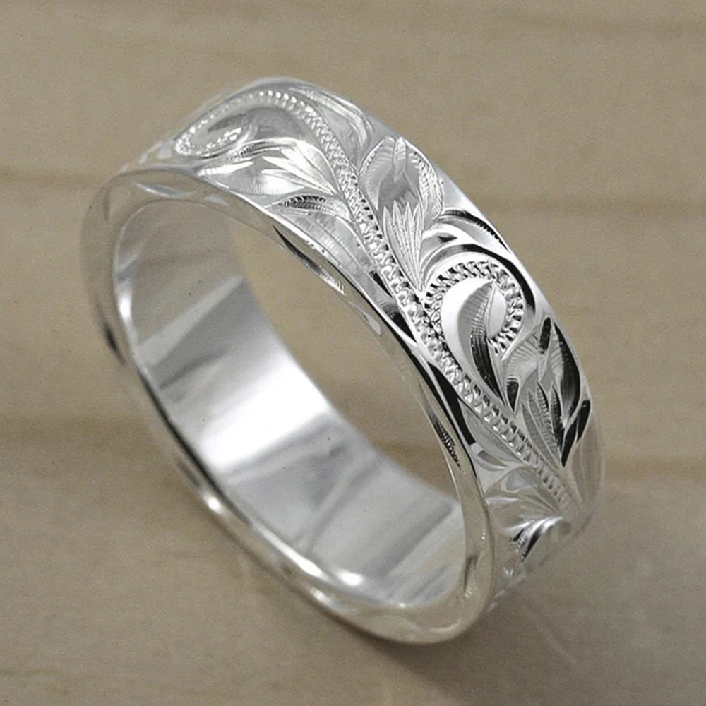 Huitan Delicate Carved Design Lovers’ Rings Silver Color Elegant Pattern Women/Men Couple Ring Anniversary Gift Trendy Jewelry