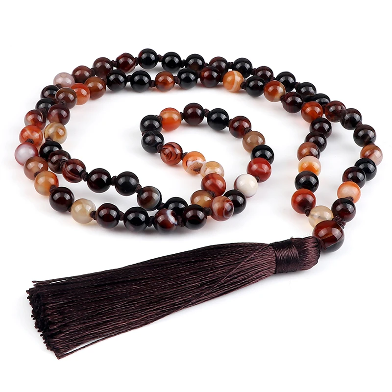 Colar de meditação de pedra natural moda listrado ágata mala grânulos yoga japamala borla colar feminino masculino jóias presente amigos