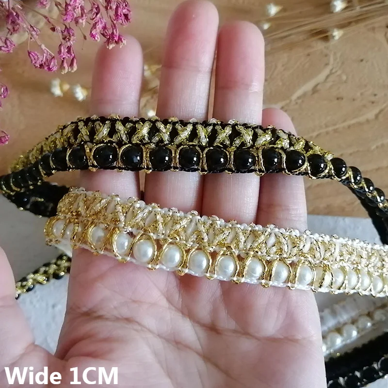 1CM Wide White Black Glitter Handmade Golden Line Beaded Braid Lace Ribbon Dresses Skirts Collar Neckline Trim DIY Sewing Decor