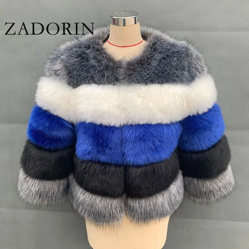 ZADORIN Mix Color 3/4 Sleeve Furry Striped Parka Winter Warm Women Fluffy Faux Fur Coat Vintage Fake Fur Jacket Lady Outerwear