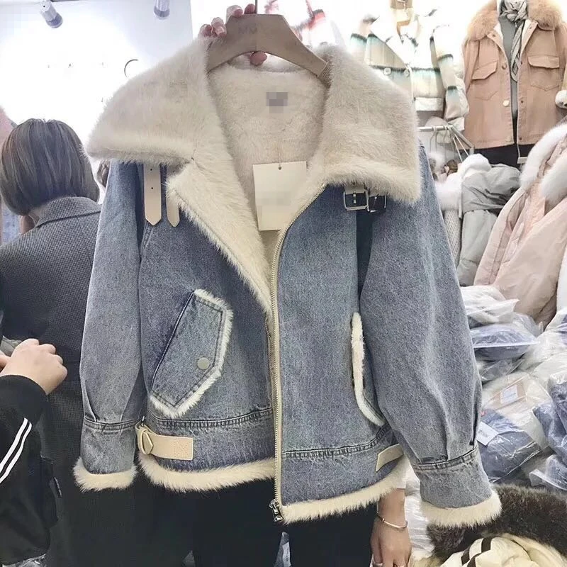 

Winter New Korean Denim Cotton Coat Women Streetwear Thick Warm Outerwear Locomotive Plus Cashmere Lamb Wool Jeans Jacket Female