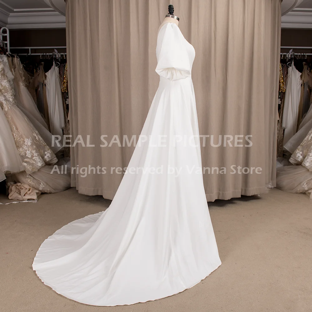 Satin Square Neck Wedding Bride Dress 2020 Latern Sleeve Low Cut Zipper Simple Elegant Bridal Gown Sweep Train Custom Made #983