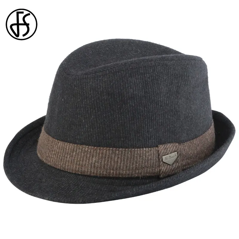 FS Vintage Black Wool Felt Wide Brim Fedora Hats For Men Striped Gangster Trilby Hat Autumn Winter Panama Jazz Cap Chapeau Homme