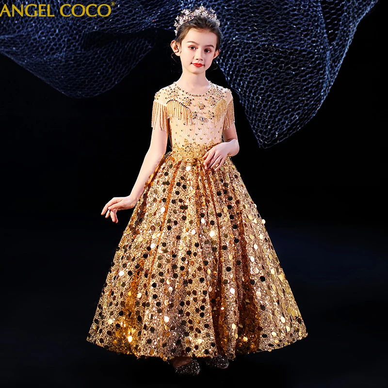 

Girls Dress Luxury Children's Catwalk Princess Dress Kids Golden Sequins Piano Costumes Formal Teenage Girls Wedding Party Gown