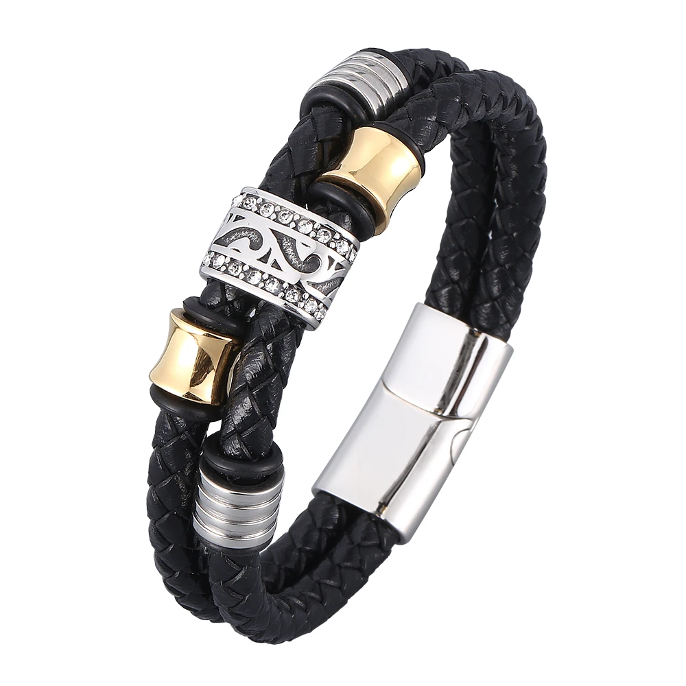 

New Black Genuine Leather Bracelet Men Homme Double Layer Magnet Buckle Male Bracelets Jewelry Gifts BB0953