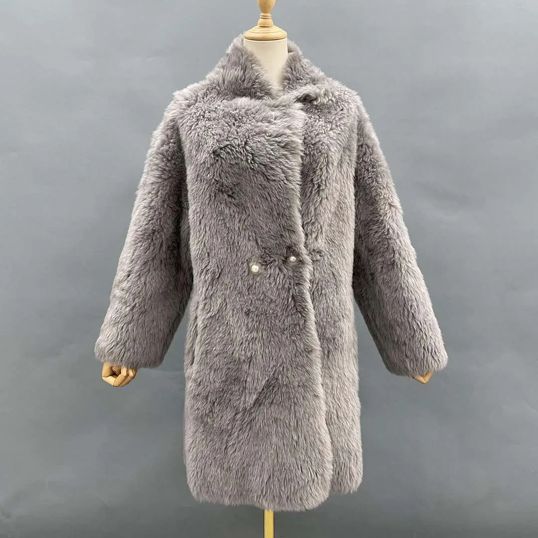 Veste d'hiver pour femmes, manteau de mouton véritable, col montant, bouton de perle, épais, chaud, Long, Style décontracté, 2021