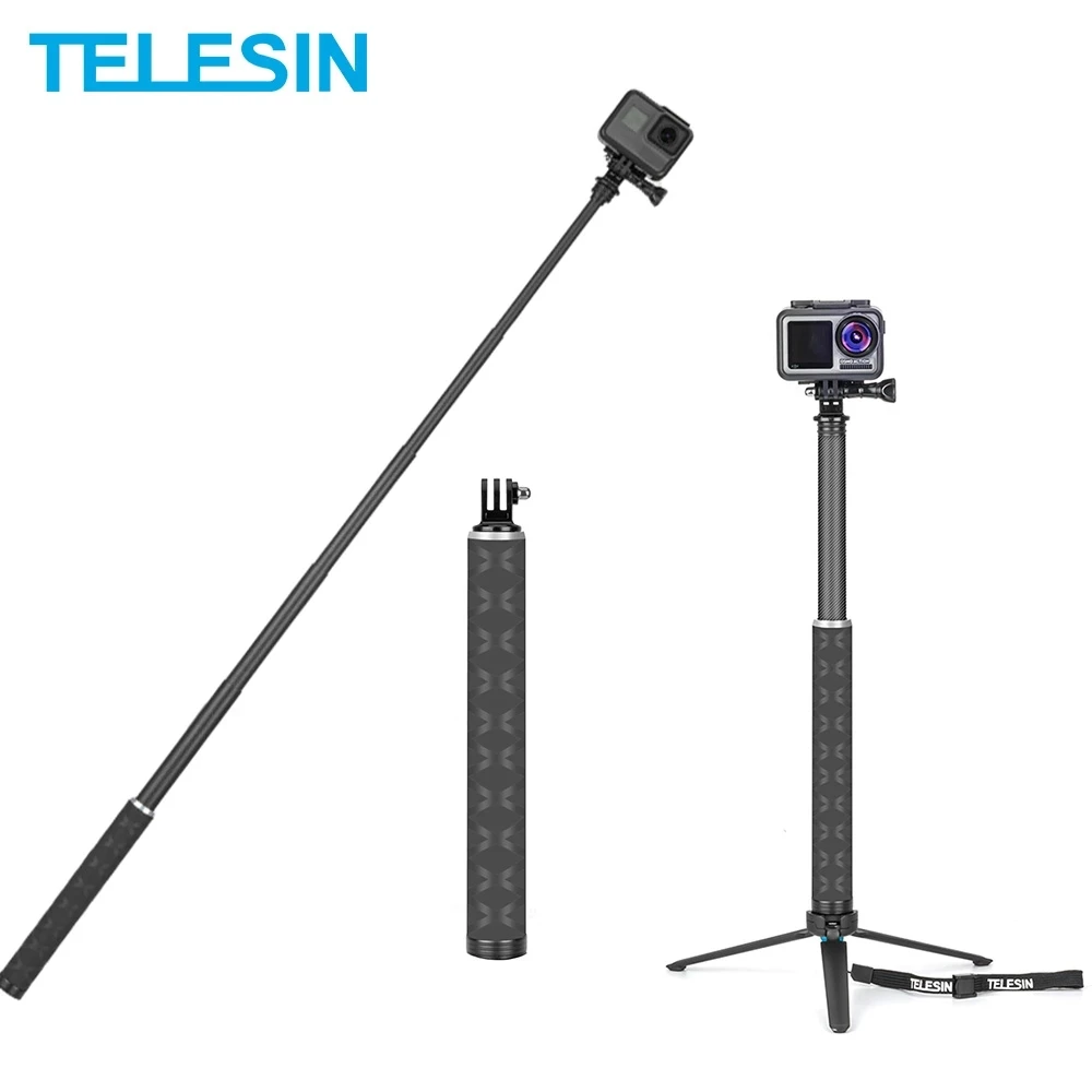 Telein คาร์บอนไฟเบอร์0.9เมตรไม้เซลฟี่ที่เบาที่สุดอลูมิเนียมอัลลอยด์ขาตั้งกล้อง GoPro HERO 12 11 10 9 Insta360 DJI Action 3 4
