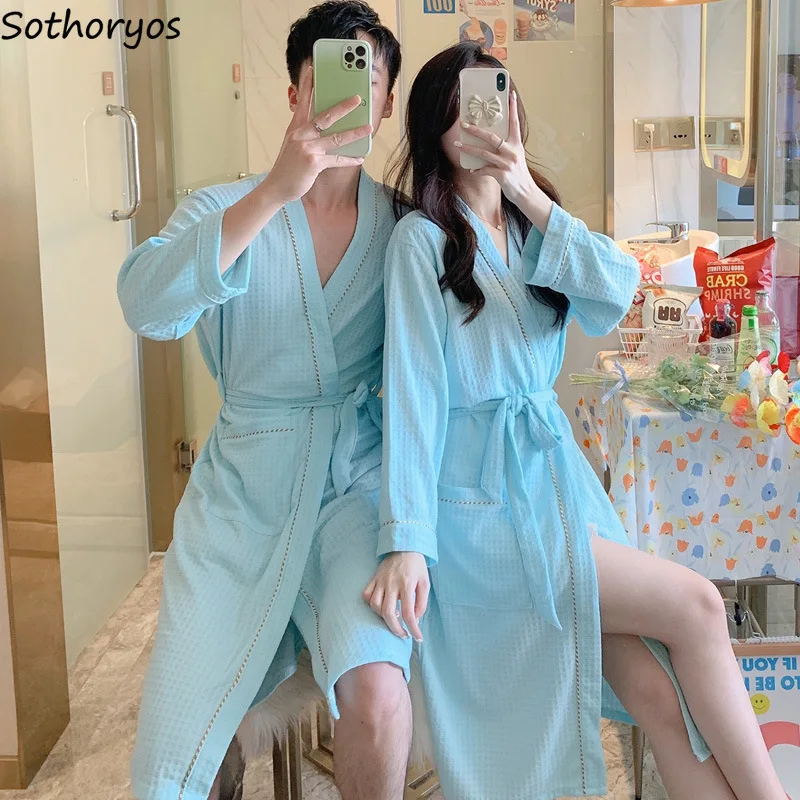 Robes Women Cotton Comfortable Sleepwear Long Sleeve Robe Casual Bathrobe Mujer Japanese Style Solid Chic Couple Kimono Homewear