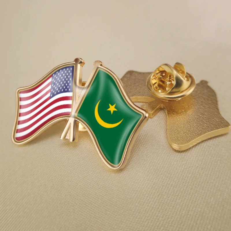 

United States and Mauritania Crossed Double Friendship Flags Lapel Pins Brooch Badges