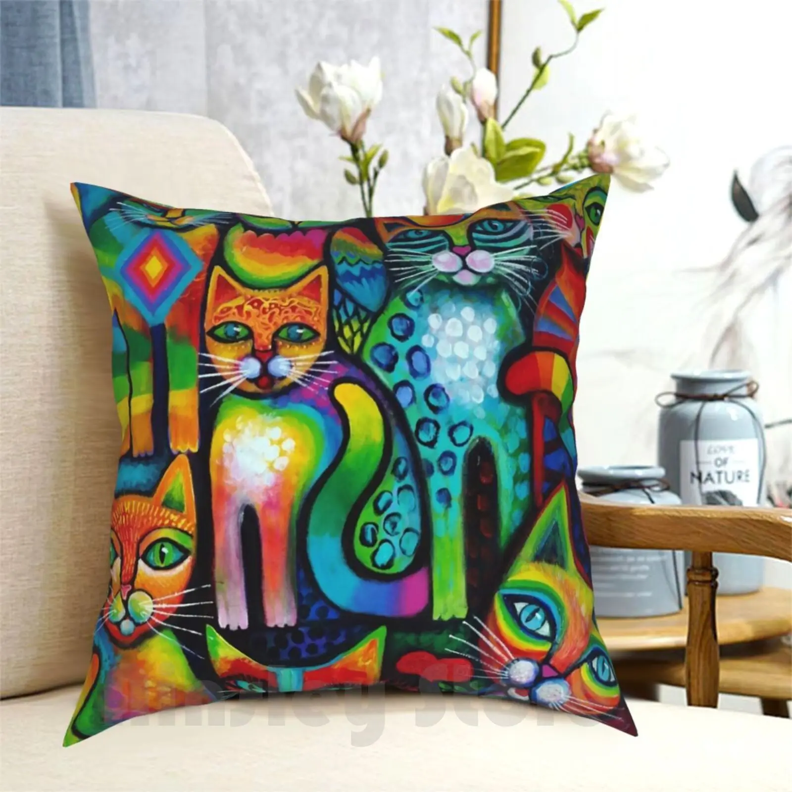 Owl And Pussicats Pillow Case Printed Home Soft Throw Pillow Cats Acrylics Whimsical Animals Fantasy Colourful Felines