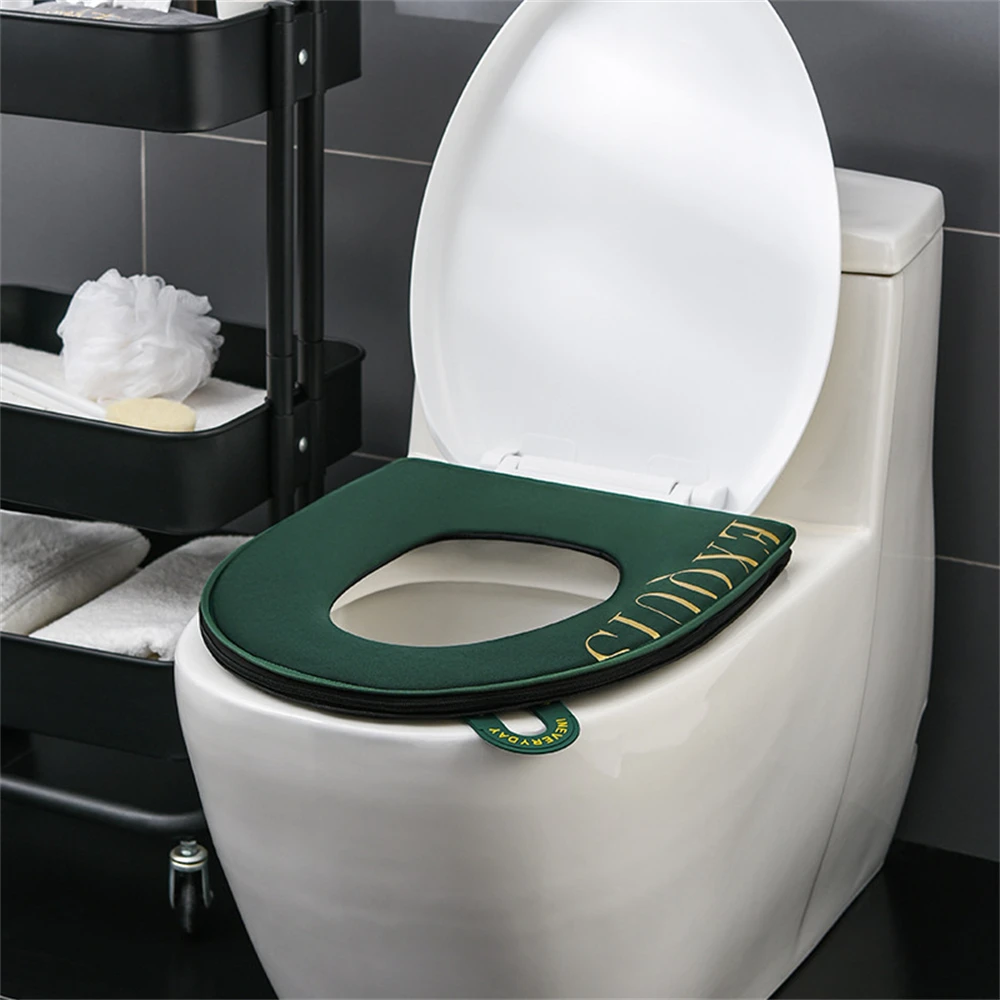 Square Toilet Seat Cover Velvet Winter Warm Soft Washable WC Mat with Handle Zipper Waterproof Household Bathroom Accessories