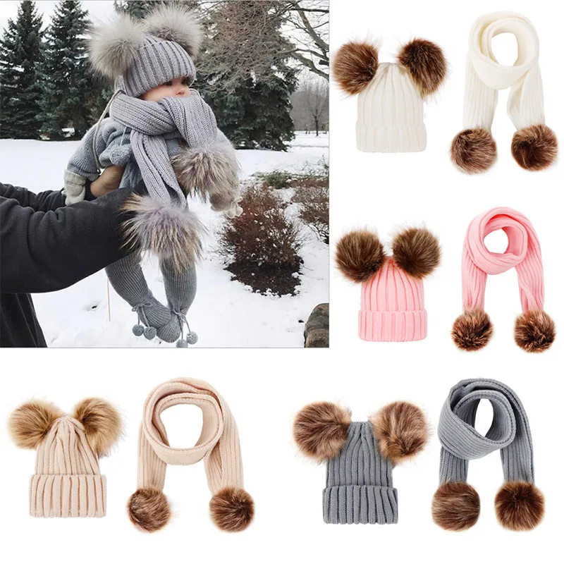 Baby Hat Scarf Set Kids Warm Winter Caps Infant Pompon Hats Scarves Suits Children Natural Fur Ball Caps Knitted Hats Beanies