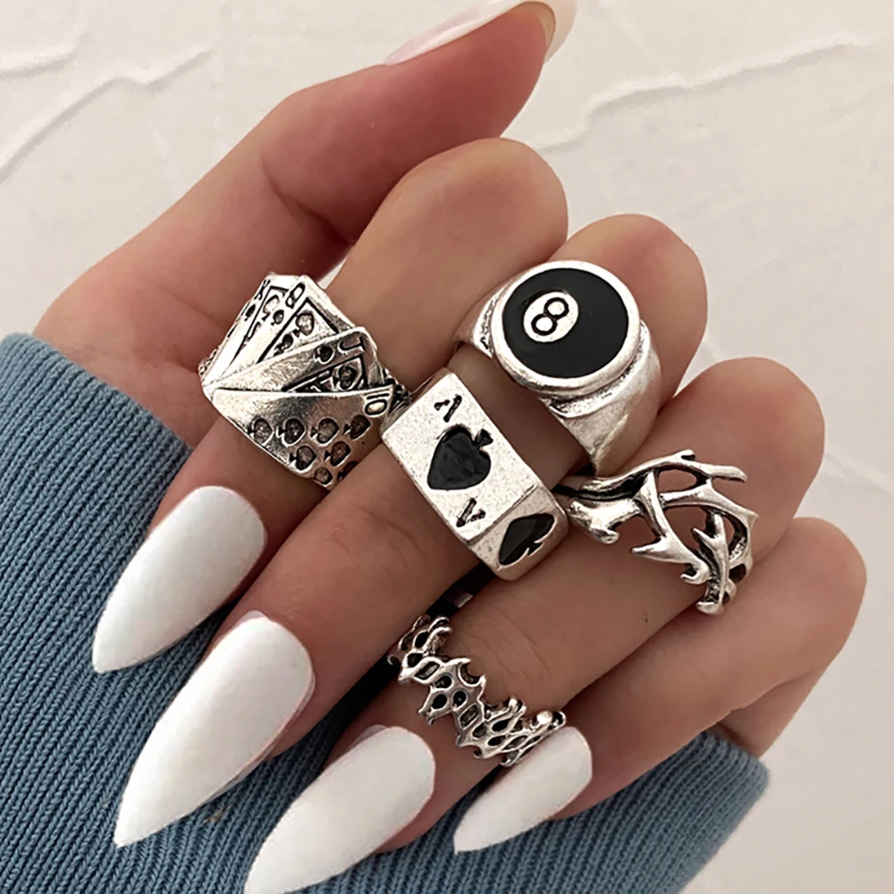 Punk Vintage Silver Color Poker Billiards Ring Set for Women Gothic Heart Anillos Hip Hop Y2k Korean Fashion Male Gift Jewelry