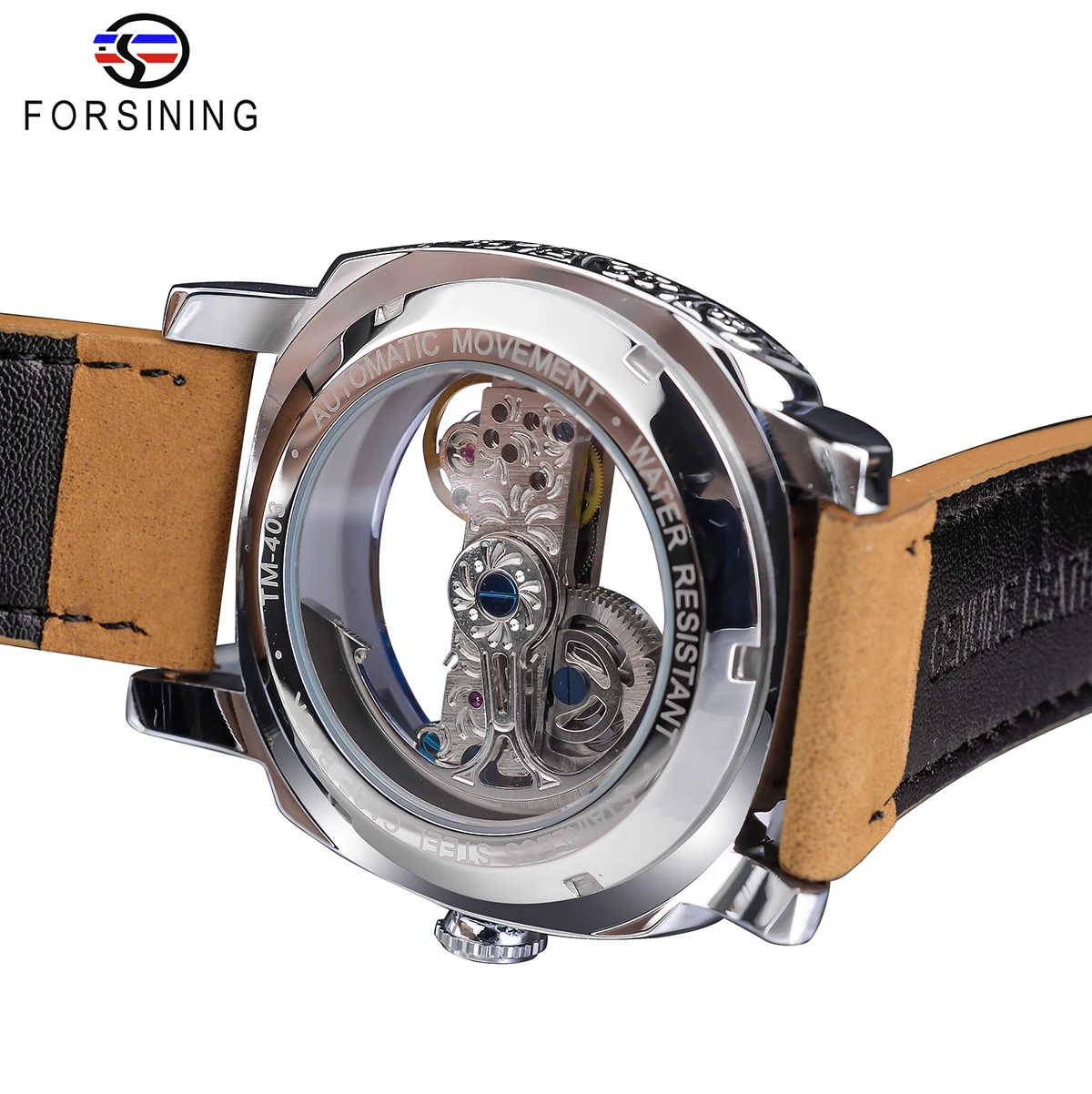 Forsining Fashion Square Transparent Retro Men\'s Automatic Mechanical Watch Silver Luminous Self-Wind Skeleton Design Belt Clock