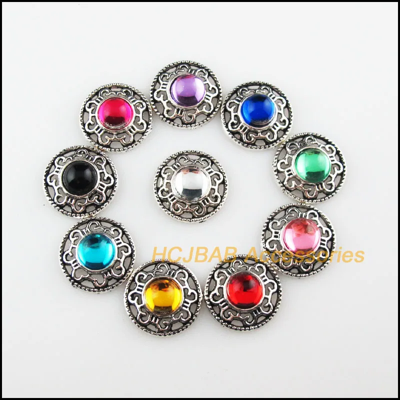 20Pcs Tibetan Silver Tone Round Mixed Acrylic Flower Charms Connectors 18mm