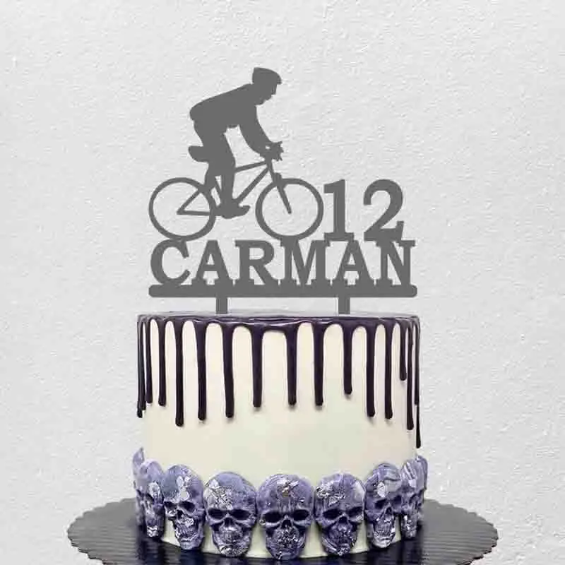 Personalized Bicycle Cake Topper Custom Name Age Man Riding Bicycle Silhouette For Cyclist Birthday Party Cake Decoration Topper