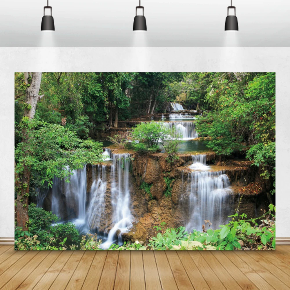 Laeacco Green Backgrounds For Photography Natural Waterfall Jungle Forest Tree Scenic View Photo Background Photography Backdrop