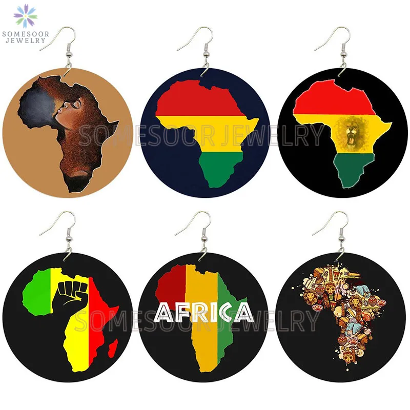 

SOMESOOR United Africa Colors Map Wooden Drop Earrings Tribal Animal Lions King Black Culture Arts Printed For Women Gifts 6Pair