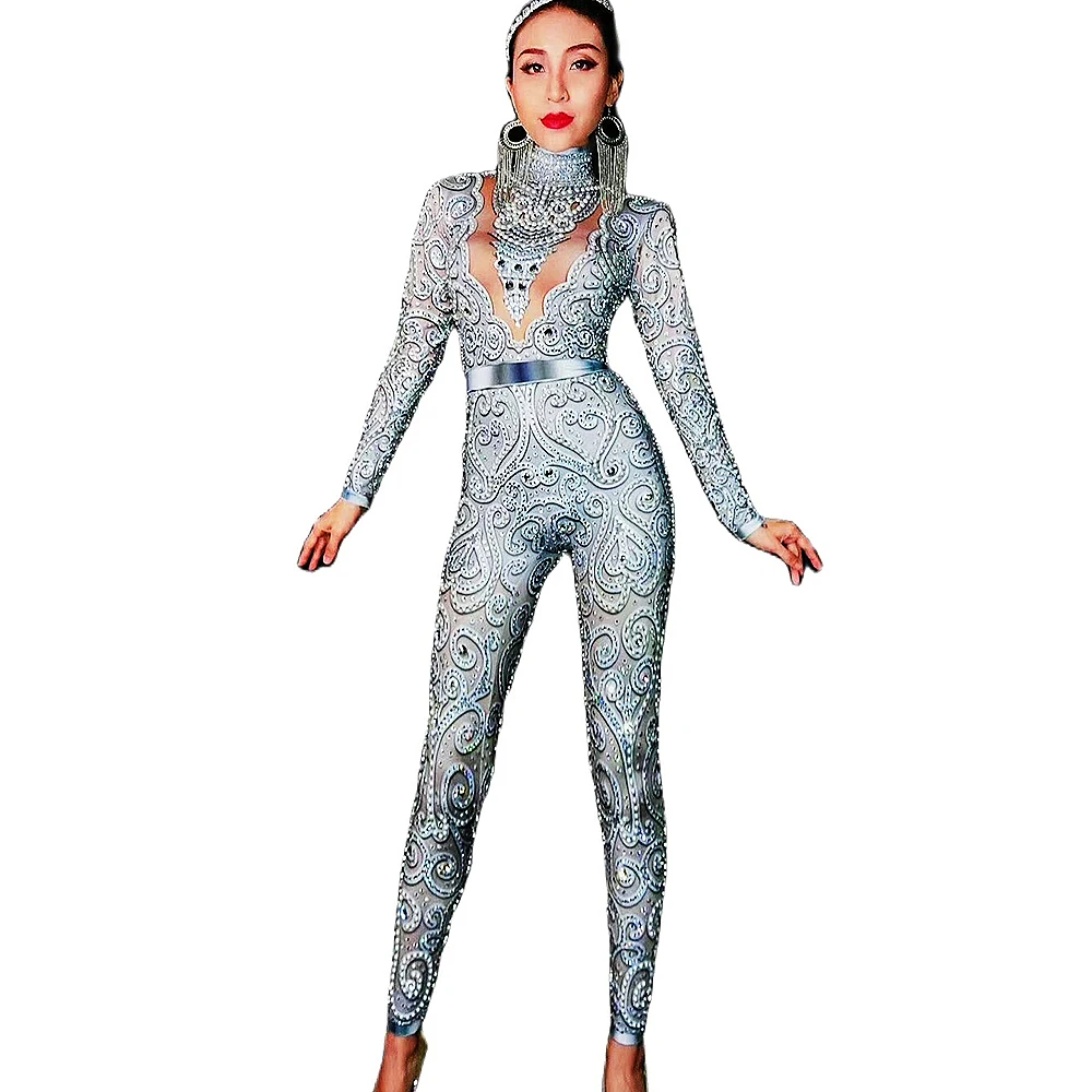 

Silver Rhinestone Personality Women Pattern Printing Tights Jumpsuit Backless Shiny Drag Queen Costume Nightclub Dance Show Wear