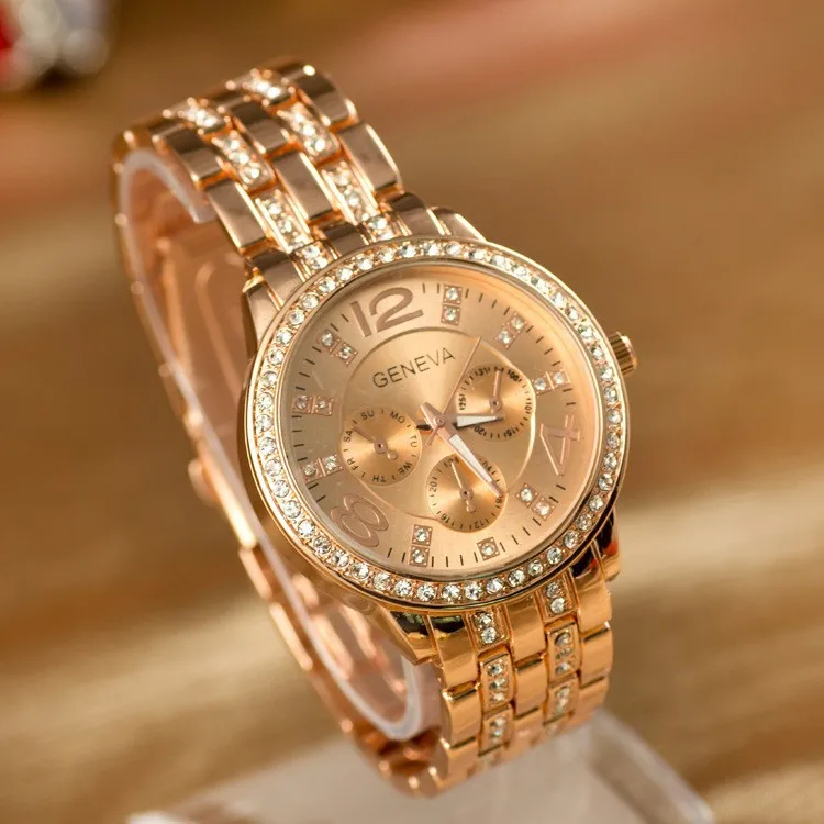 Geneva-reloj de cuarzo de acero inoxidable dorado para mujer, cronógrafo de pulsera informal de cristal militar con diamantes de imitación, marca de