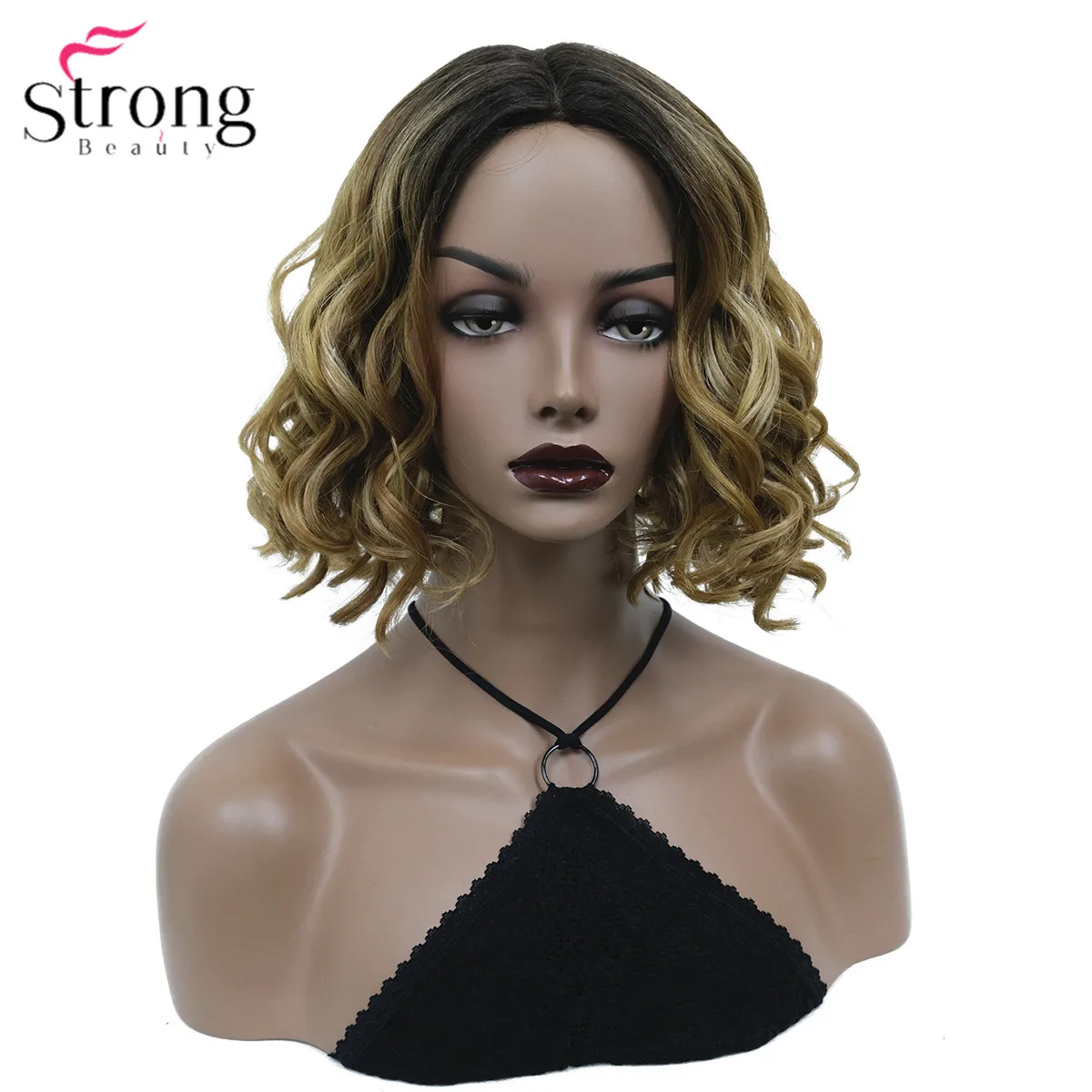 

StrongBeauty Synthetic Lace Wig Hair Black Root Ombre Hair Medium Curly Natural Wigs For Women