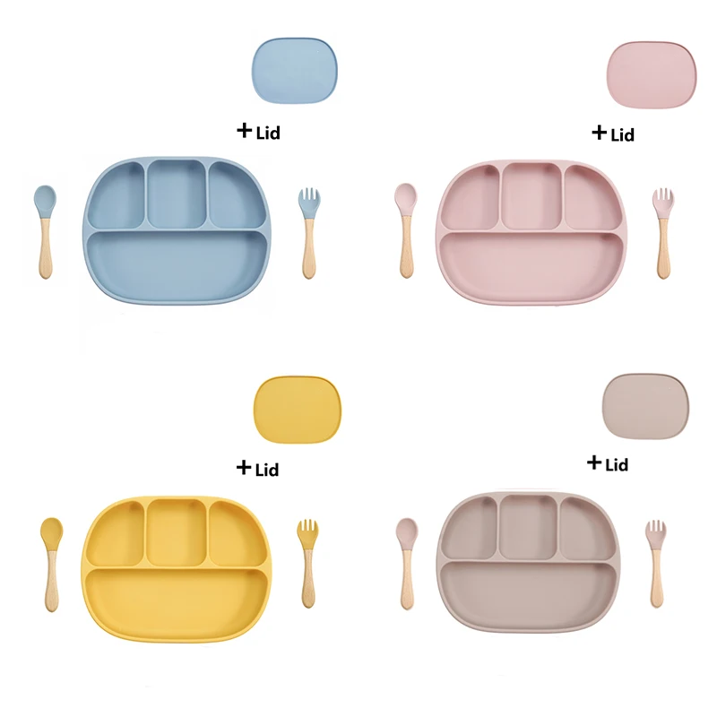 Newly Designed Four-Compartment Dinner Plate Food Grade Silicone Suction Plate Wooden Handle Fork Spoon Children's Product