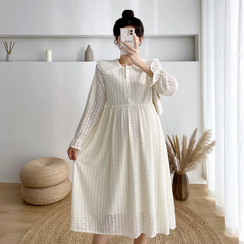 7017 # herbst Frühling Koreanische Mode Spitze Mutterschaft Lange Kleid Elegante EINE Linie Kleidung für Schwangere Frauen Chic Ins Schöne schwangerschaft