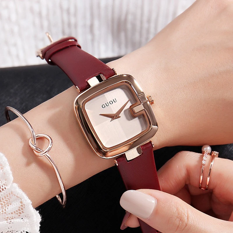 Fashon Guou Top Brand Women\'s Genuine leather Watches 2020 Ladies For Women Bracelet Watch Luxury Montre Femme Square Clock Saat