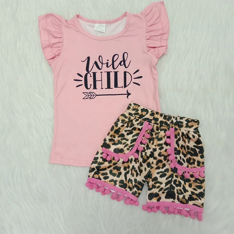 Wholesale New Boutique Baby Girl Summer Set Pink Tie Dye Wild Shirt Leopard Flower Ruffle Shorts Children Clothes Kid Outfit