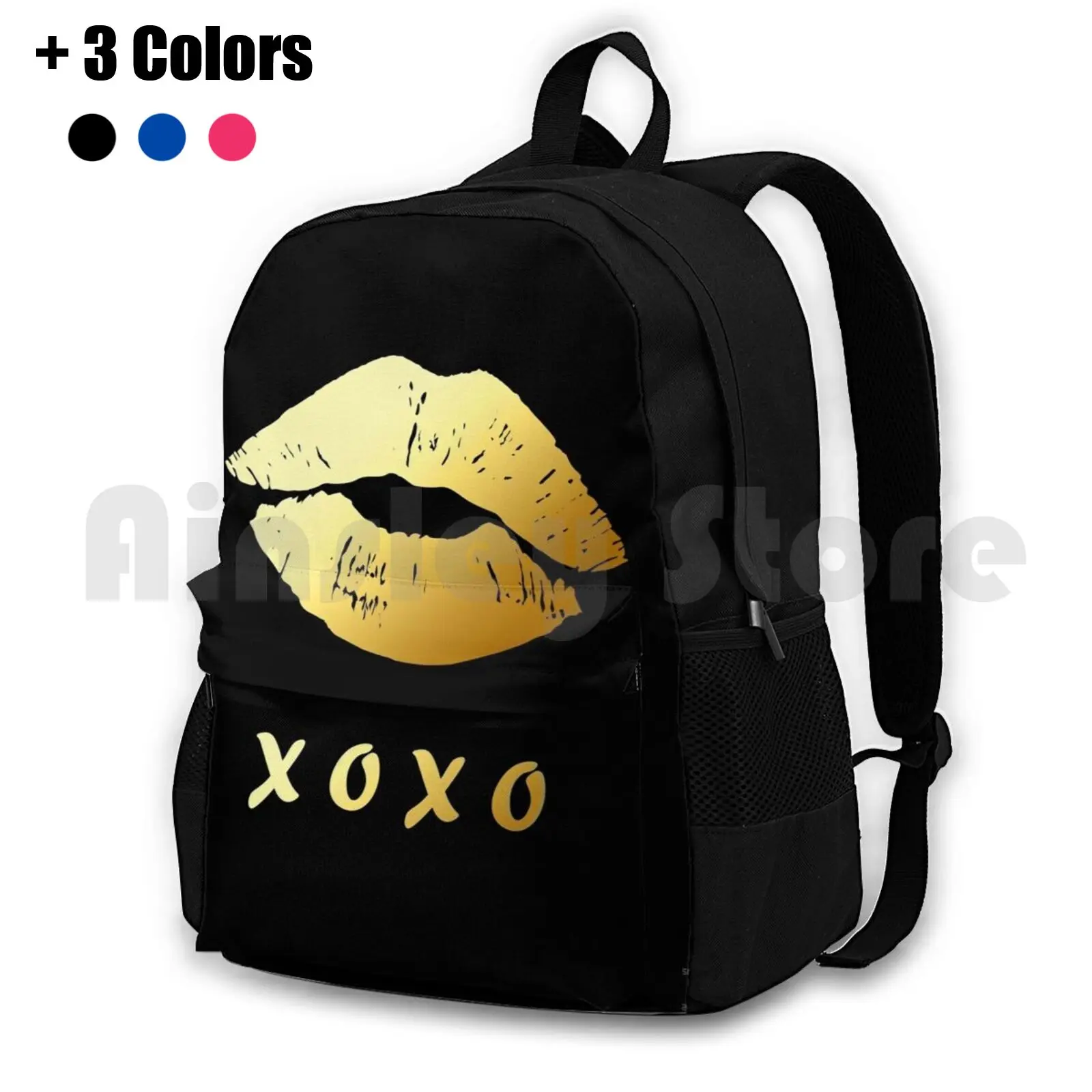 Gold Lips Xoxo Hugs And Kisses ( Black ) Outdoor Hiking Backpack Riding Climbing Sports Bag Stylish Gold Lips Makeup Xoxo Hug