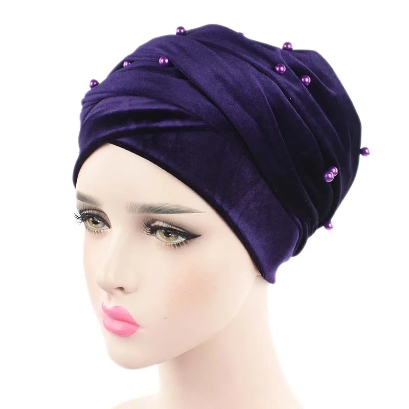 Hohe Qualität Samt Kopf Wraps für Frauen Winter Turban Schal mit Perlen Perlen Kopftuch Motorhaube Afrikanische Hut Turbante Mujer