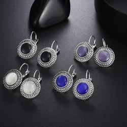 Fashion Boho High Quality Big Drop Earrings for Women Jewelry Carved Vintage Tibetan Silver Round Opal Bohemian Long Earrings