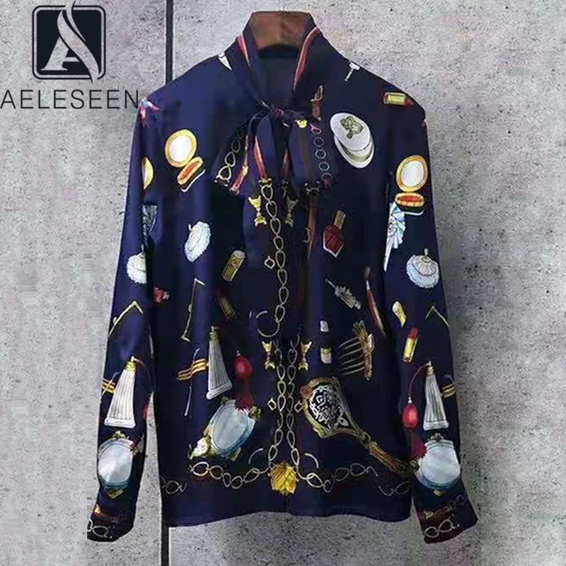 

AELESEEN 100% Silk Women Shirt 2022 Spring Summer Bow Collar Chian Print Beige Blue Office Ladies Elegant Blouse